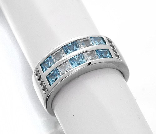 Srebrna obrączka z Błękitnymi i Białymi Cyrkoniami