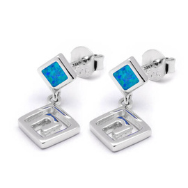 Srebrne Kolczyki Wzór Grecki z Niebieskim Opalem