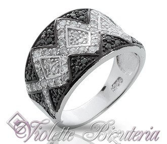 Szeroka Obrączka Srebrna Białe i Czarna Cyrkonie