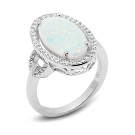 Pierścionek Srebrny z Białym Opalem i Cyrkoniami