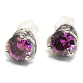 Srebrne Kolczyki Serduszko z Fioletową Cyrkonią