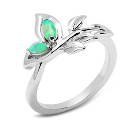 Srebrny Pierścionek Liść z Zielonym Opalem