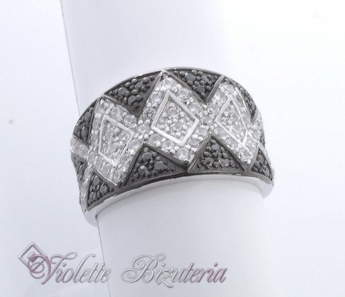 Szeroka Obrączka Srebrna Białe i Czarna Cyrkonie