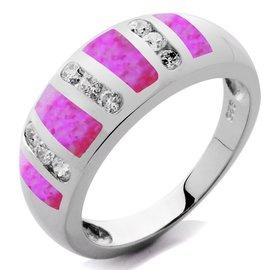 Srebrna Obrączka z Różowym Opalem i Cyrkoniami