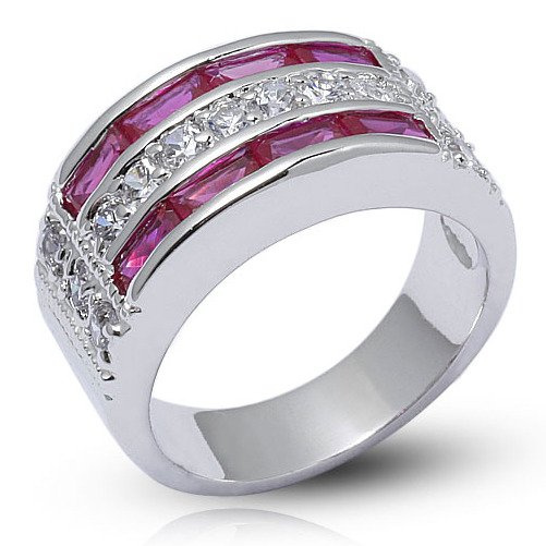 Srebrny Obrączka Wysadzana Rubinowymi Cyrkoniami