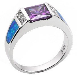 Pierścionek Srebrny z Opalem i Fioletową Cyrkonią
