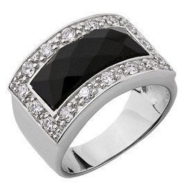 Szeroka Obrączka z Czarnym Onyksem i Cyrkoniami