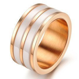 Szeroka Obrączka Biała Ceramika Różowo Złota Stal