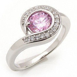 Srebrny Pierścionek Okrągła Różowa Cyrkonia