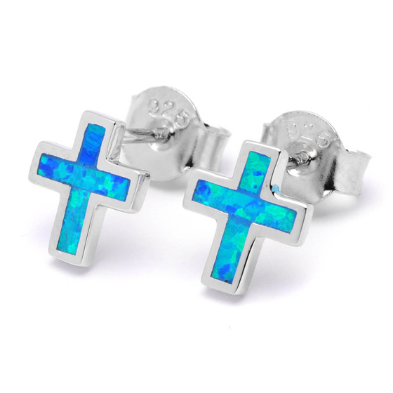 Srebrne Kolczyki Krzyżyki z Niebieskim Opalem