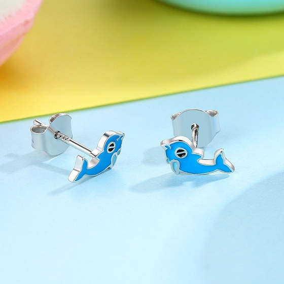 Srebrne Kolczyki Niebieskie Delfiny