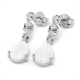 Srebrne Kolczyki z Białym Opalem Konik Morski