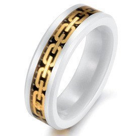 Biała Ceramiczna Obrączka ze Złotymi Motywami