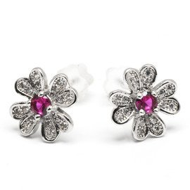 Srebrne Kolczyki Kwiat z Rubinowym Oczkiem