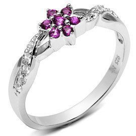 Pierścionek Srebrny Kwiat z Rubinowymi Cyrkoniami