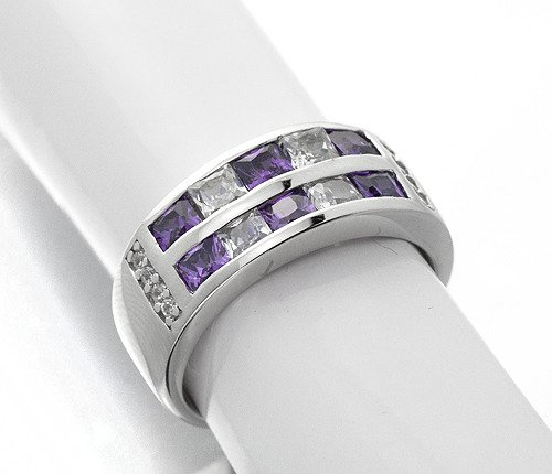 Obrączka Srebrna Białe i Fioletowe Kamienie