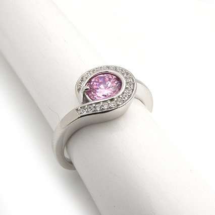 Srebrny Pierścionek Okrągła Różowa Cyrkonia