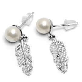 Srebrne Kolczyki Piórko Ozdobione Perłami