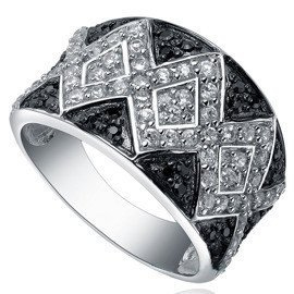 Szeroka Obrączka Srebrna Białe i Czarna Cyrkonie