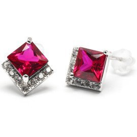 Srebrne Kolczyki Romby z Rubinowymi Cyrkoniami