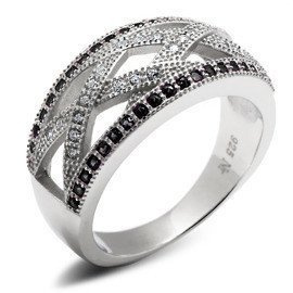 Srebrna Obrączka z Czarnymi i Białymi Cyrkoniami