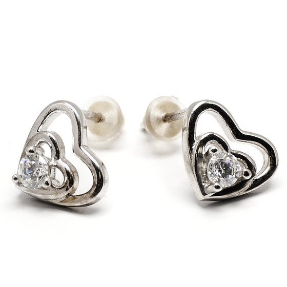 Srebrne Kolczyki Serce z Białymi Cyrkoniami