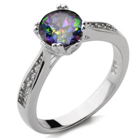 Srebrny Pierścionek z Okrągłą Cyrkonią Multikolor