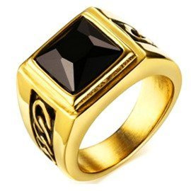 Złoty Pierścionek ze Stali z  Czarną Cyrkonią