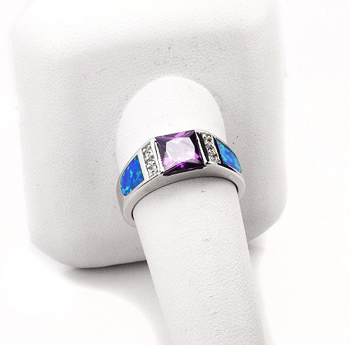 Pierścionek Srebrny z Opalem i Fioletową Cyrkonią