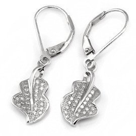 Srebrne Kolczyki Liście z Białymi Mikro Cyrkoniami