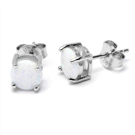 Srebrne Okrągłe Kolczyki z Białym Opalem