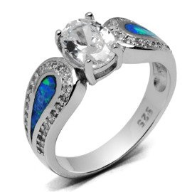 Srebrna Obrączka z Niebieskim Opalem i Cyrkoniami