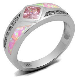 Srebrna Obrączka z Różowym Opalem i Cyrkoniami