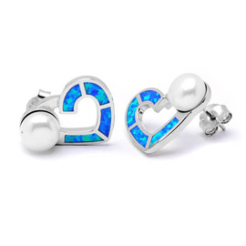 Srebrne Kolczyki Serce z Opalem i Perłami