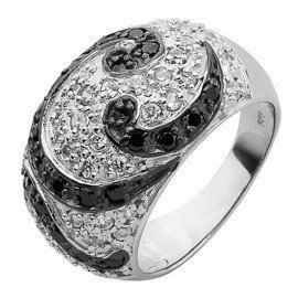 Szeroki Srebrny Pierścionek  Białe Czarne Cyrkonie