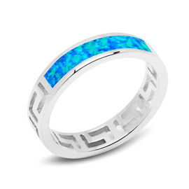 Srebrna Obrączka z Niebieskim Opalem Wzór Grecki
