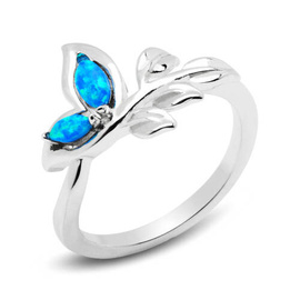 Srebrny Pierścionek Liść z Niebieskim Opalem
