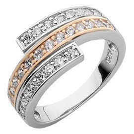 Pierścionek Srebrny ze Złotym Trzy Rzędy Cyrkonii