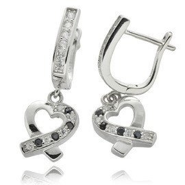 Kolczyki Srebrne Serce Biało Czarne Cyrkonie