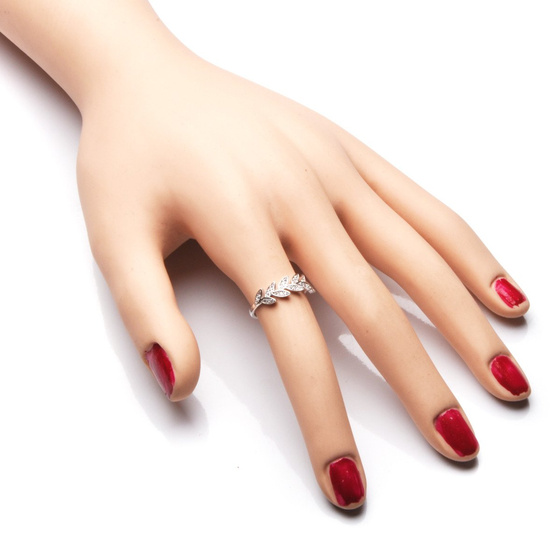 Srerbna Obrączka Liść Wysadzany Cyrkoniami